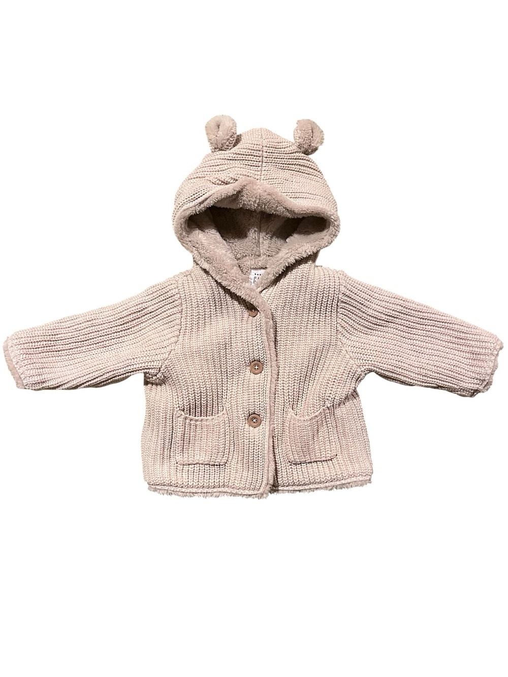 Baby Gap Bear Sherpa Fleece Lined Hoodie Cardigan Sweater Beige 3-6M
